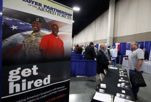 File picture shows a veterans job fair in Utah. The United States added a scant 69,000 jobs in May and the unemployment rate rose for the first time in almost a year, the government said Friday in a report spelling more trouble for President Barack Obama's reelection