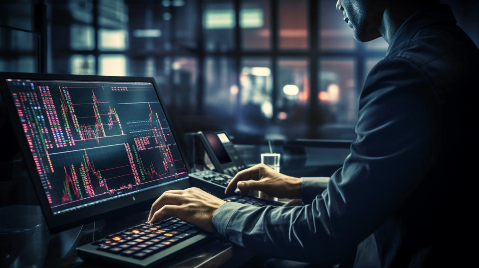 A trader on a busy trading floor, his hands on a keyboard as the markets rise.