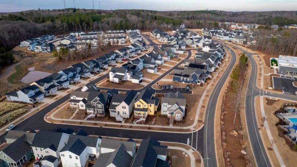 An aerial view of the Chatham Park subdivision in Pittsboro Thursday, Dec. 21, 2023.