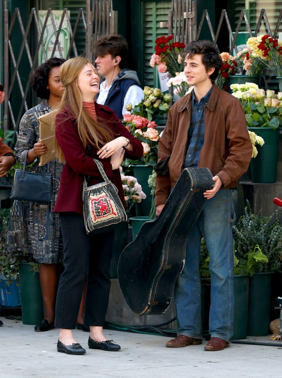 elle fanning and timothee chalamet filming a complete unknown