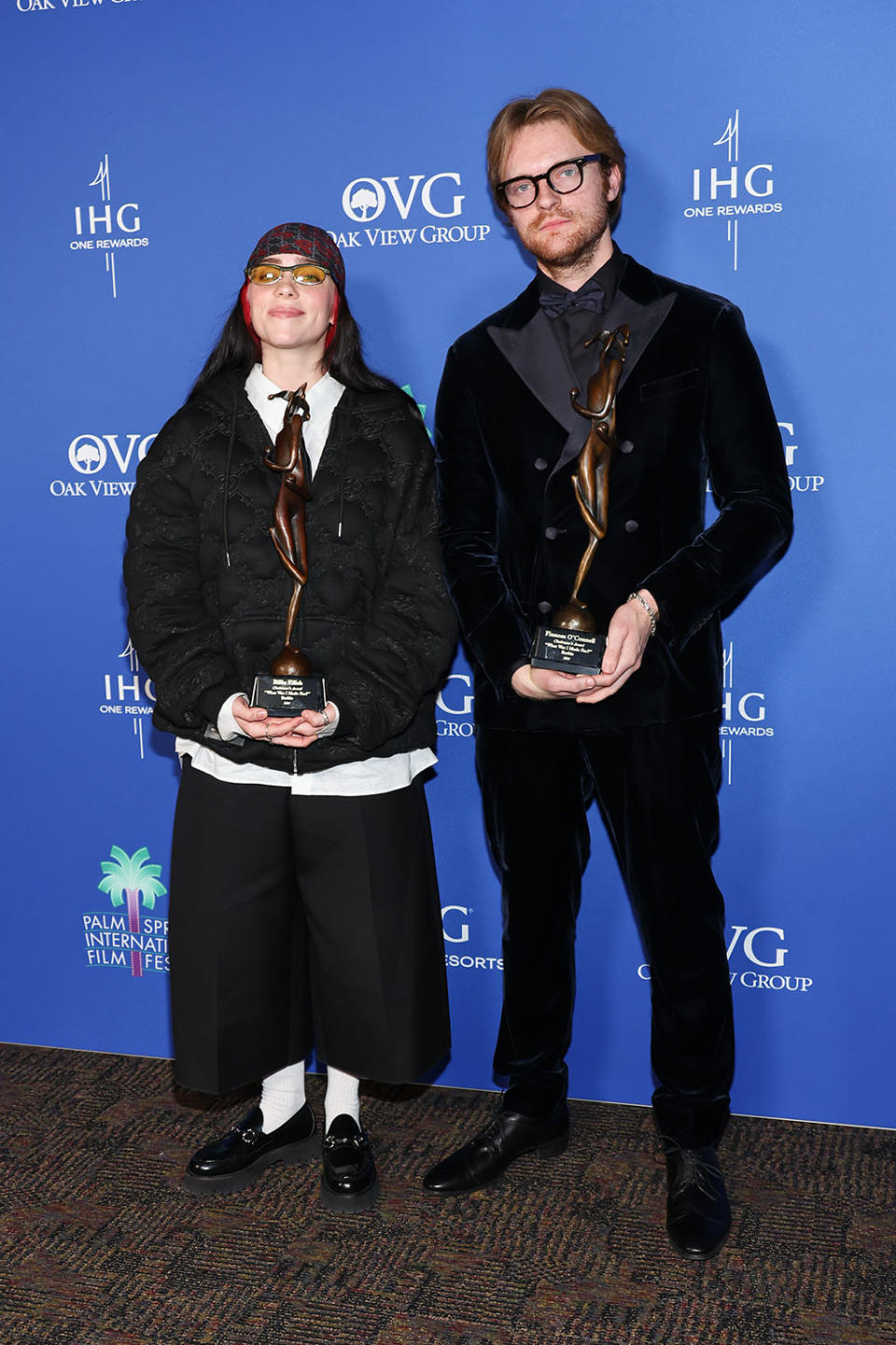 Billie Eilish, Finneas, loafers,Annual Palm Springs International Film Awards, hoodie, preppy