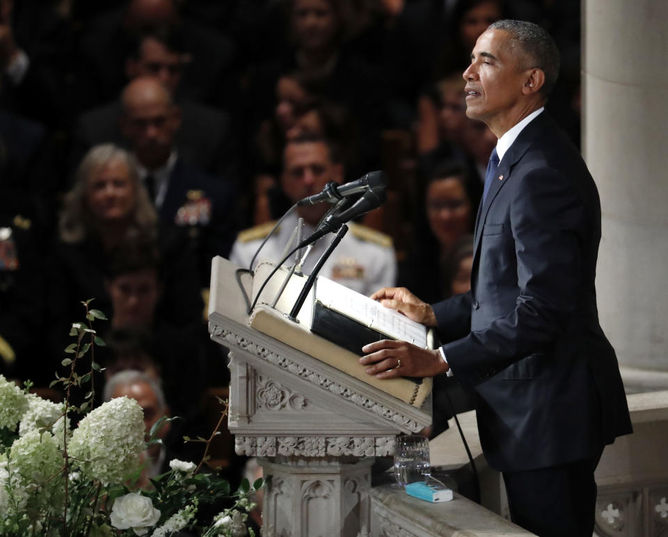 <span class="s1">Former President Barack Obama speaks at the National Cathedral memorial service on Saturday. (Photo: Pablo Martinez Monsivais/AP)</span>