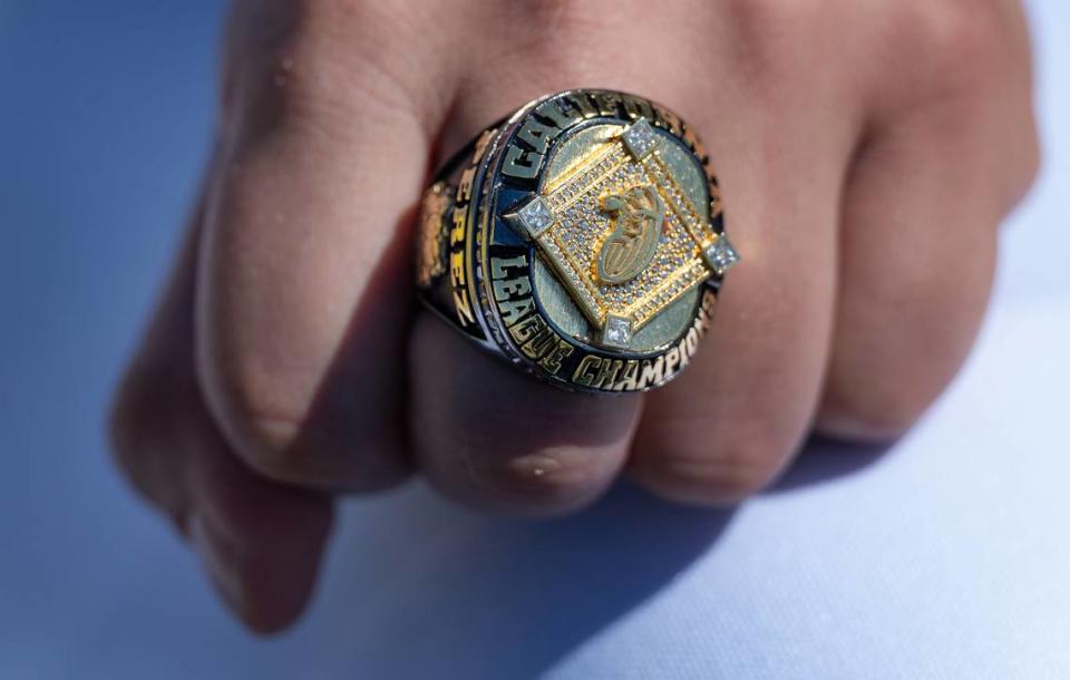 Modesto Nuts pitcher Brayan Perez wears the California League Champions ring during media day at John Thurman Field in Modesto, Calif., Tuesday, April 2, 2024.