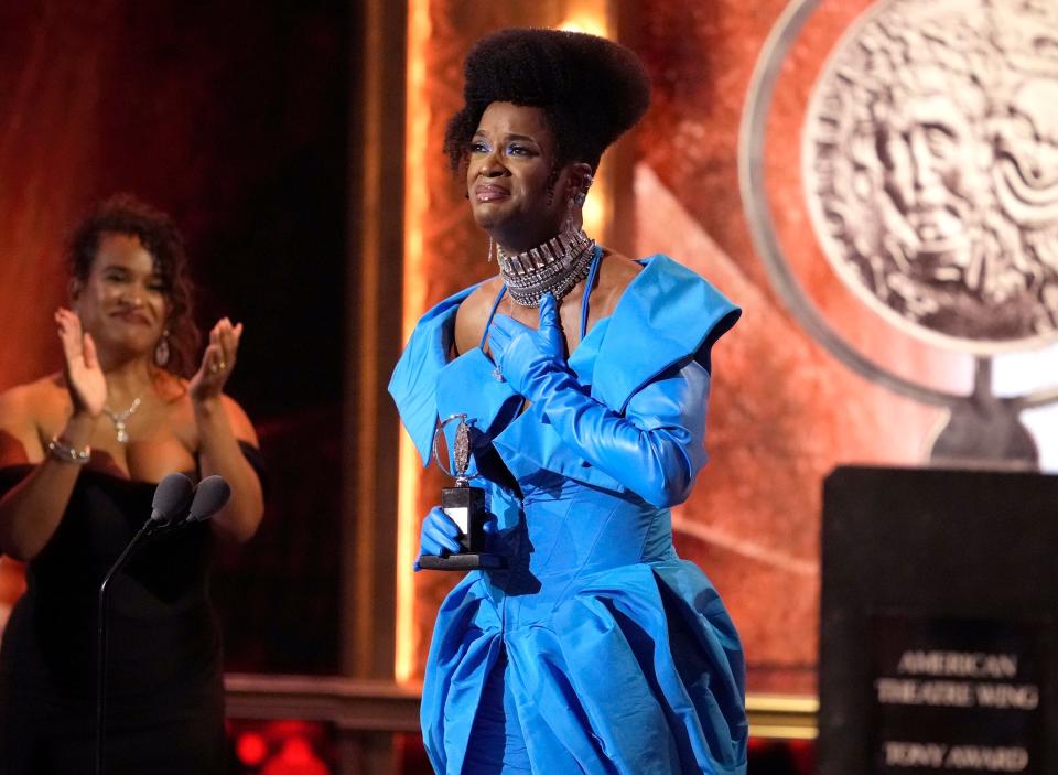 J. Harrison Ghee accepts the award for best performance by an actor in a leading role in a musical for "Some Like It Hot" at the 76th annual Tony Awards on Sunday, June 11, 2023, at the United Palace theater in New York. (Photo by Charles Sykes/Invision/AP)