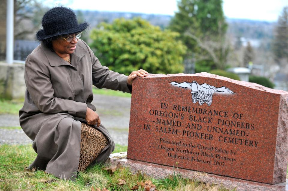 Willie Richardson of the Oregon Northwest Black Pioneers visits Salem Pioneer Cemetery, where her nonprofit organization placed a headstone for the 43 Black pioneers who are buried there.