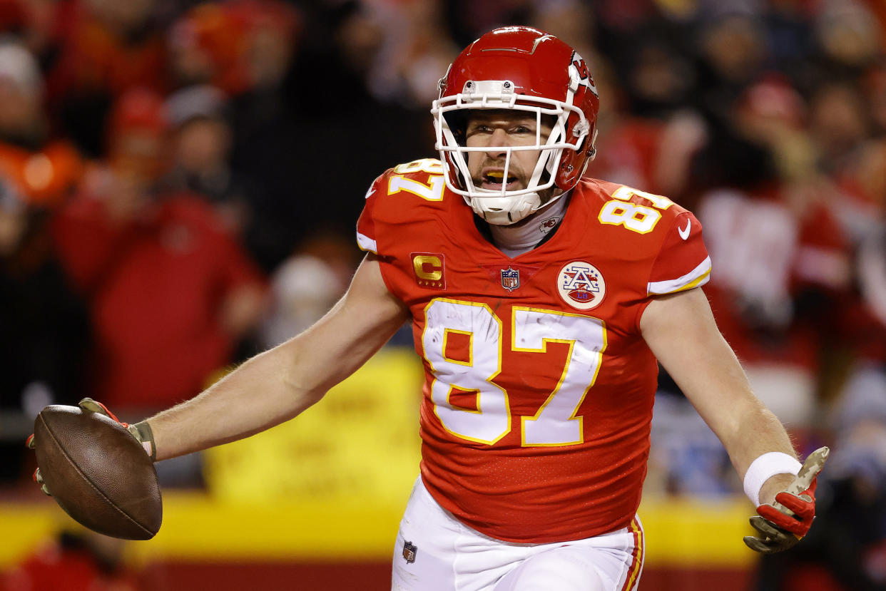 Kansas City Chiefs tight end Travis Kelce has been a touchdown machine this season. Can the Eagles find a way to stop him in the Super Bowl? (Photo by David Eulitt/Getty Images)