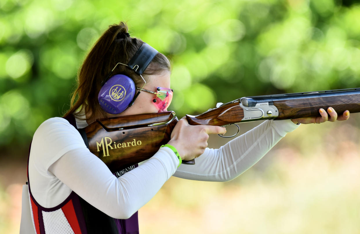 Lucy Hall in action during the Trap Women qualification 
REUTERS/Massimo Pinca