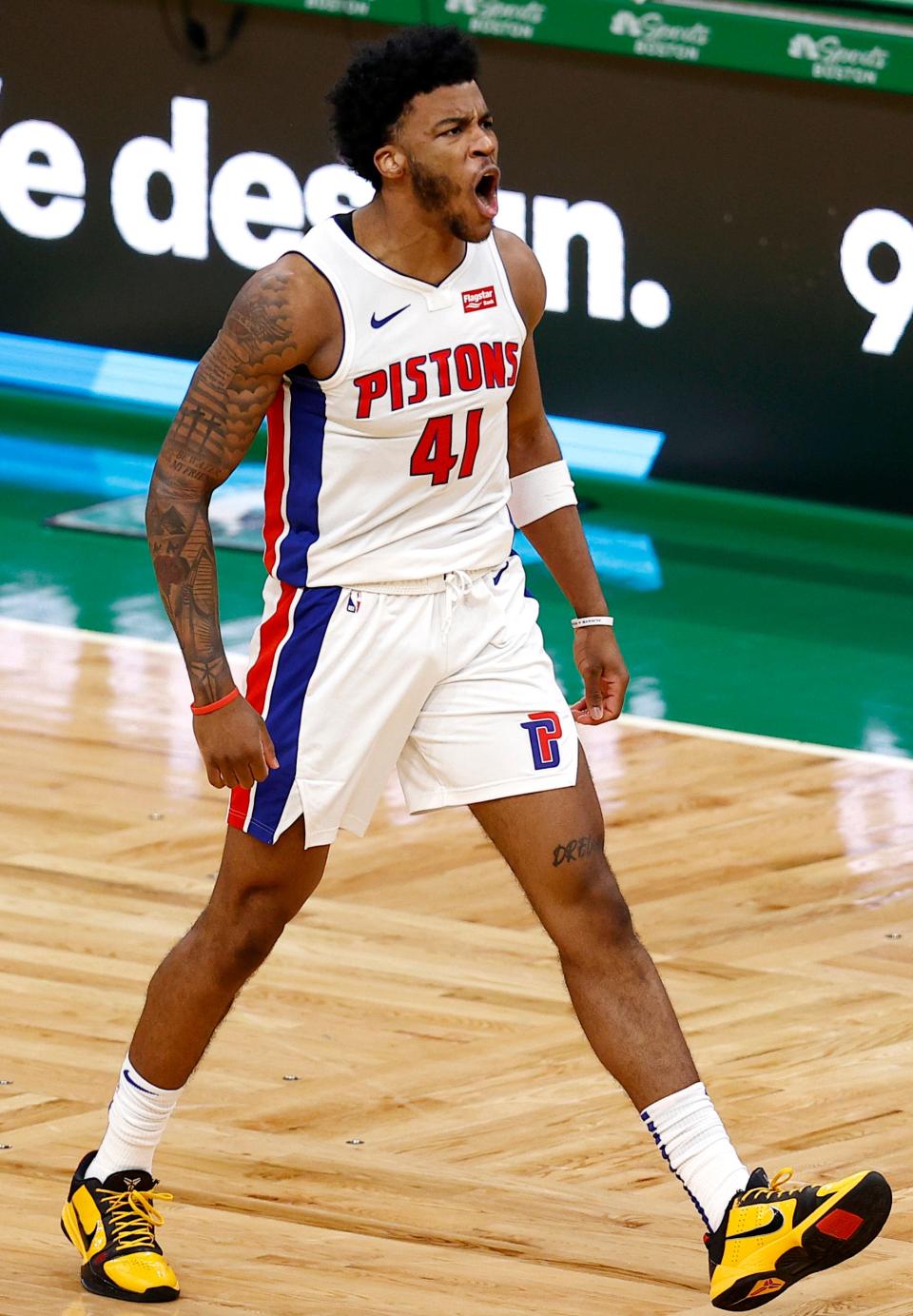 Saddiq Bey of the Detroit Pistons celebrates after scoring against the Boston Celtics during the fourth quarter of the Pistons 108-102 win over the Celtics at TD Garden on Feb. 12, 2021, in Boston, Massachusetts.