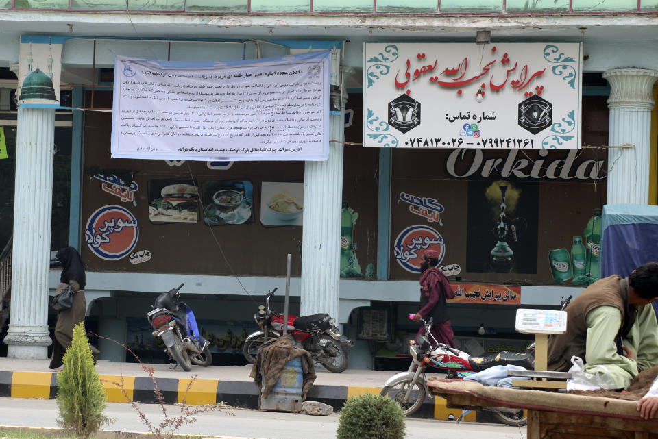 A view of a fast food establishment, closed by the Taliban in Herat province, western Afghanistan, Monday, April 10, 2023. The Taliban have banned families and women from restaurants with gardens or green spaces in Afghanistan's northwestern Herat province, an official said Monday. The moves followed complaints from religious scholars and members of the public about mixing of genders in such places, he said. (AP Photo/Omid Haqjoo)
