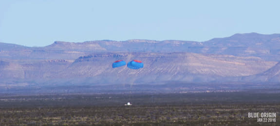 The crew capsule for Blue Origin's New Shepard spacecraft makes a soft landing with parachutes and retro rockets in West Texas during a Jan. 22, 2016 test flight.