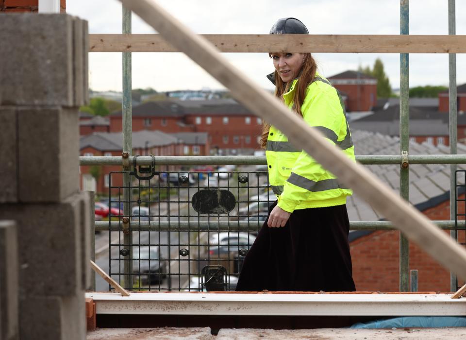 Labour Deputy Leader Angela Rayner looks at a home under construction during a visit to the Nightingale Quarter on April 19, 2024 in Derby (Getty Images)