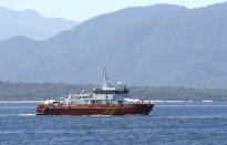A National Search and Rescue Agency rescue ship sails to join the search for submarine KRI Nanggala that went missing while participating in a training exercise on Wednesday, off Banyuwangi, East Java, Indonesia, Friday, April 23, 2021. Rescuers continued an urgent search Friday for an Indonesian submarine that disappeared two days ago and has less than a day's supply of oxygen left for its crew. (AP Photo)