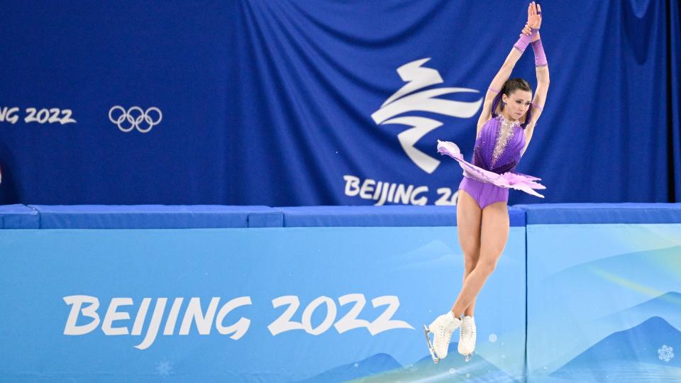 Kamila Valieva made history with a triple axel in the Beijing Games figure skating event. (Getty)