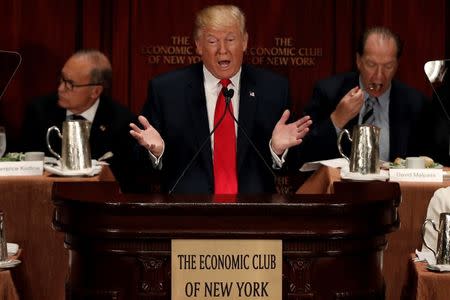 Republican presidential nominee Donald Trump speaks to the Economic Club of New York luncheon in Manhattan, New York, U.S., September 15, 2016. REUTERS/Mike Segar