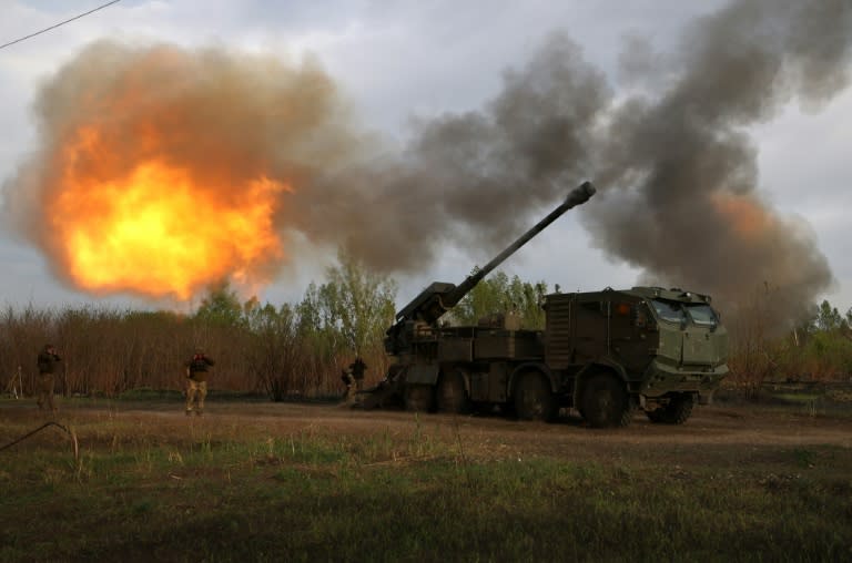 Ukrainian forces fire at Russian troops with a 155 mm self-propelled howitzer 2C22 "Bohdana" in the Kharkiv region, on April 21, 2024 (Anatolii STEPANOV)