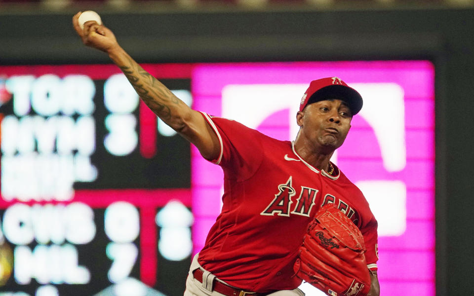 Los Angeles Angels relief pitcher Raisel Iglesias throws to a Minnesota Twins batter during the eighth inning of a baseball game Friday, July 23, 2021, in Minneapolis. The Twins won 5-4. (AP Photo/Jim Mone)