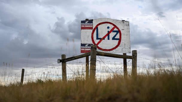 PHOTO: A hand painted sign stands in opposition to US Representative Liz Cheney (R-WY) displayed on the side of a road along with support of her Republican primary opponent Harriet Hageman in Casper, Wyo., Aug. 14, 2022. (Patrick T. Fallon/AFP via Getty Images)