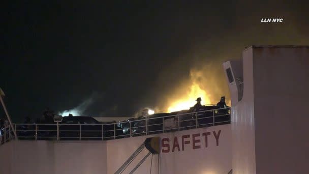 PHOTO: Firefighters battle a blaze aboard a cargo ship in Port Newark, N.J., July 5, 2023. (LLN NYC)