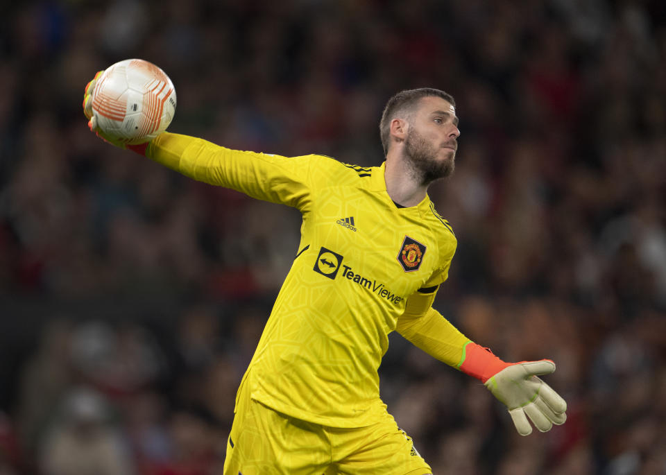 MANCHESTER, ENGLAND - SEPTEMBER 08: Manchester United goalkeeper David de Gea during the UEFA Europa League group E match between Manchester United and Real Sociedad at Old Trafford on September 8, 2022 in Manchester, United Kingdom. (Photo by Visionhaus/Getty Images)