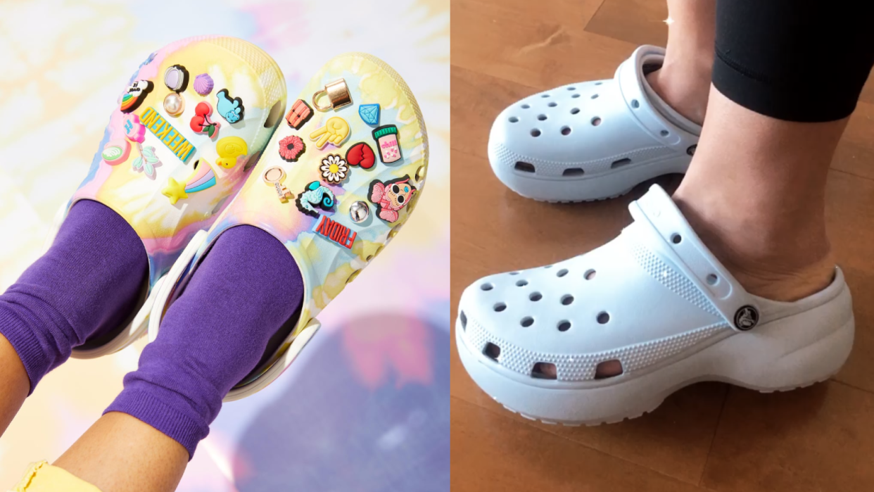 A pair of Crocs with Jibbitz charms (left) and a pair of platform Crocs (right).