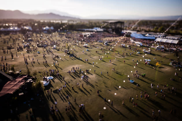 The Hives' Pelle Almqvist commands the crowd from the stage on the 3rd day of the Coachella Music Festival 2012 in Indio, California.