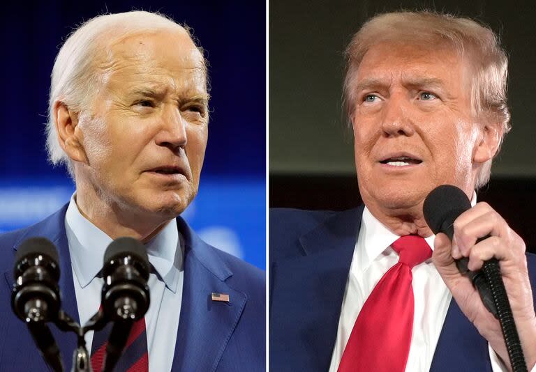 En esta foto combinada, el presidente Joe Biden habla el 2 de mayo de 2024, en Wilmington, Carolina del Norte, izquierda, y el expresidente Donald Trump, habla en un mitin de campaña, el 1 de mayo de 2024, en Waukesha, Wisconsin. (Foto AP)