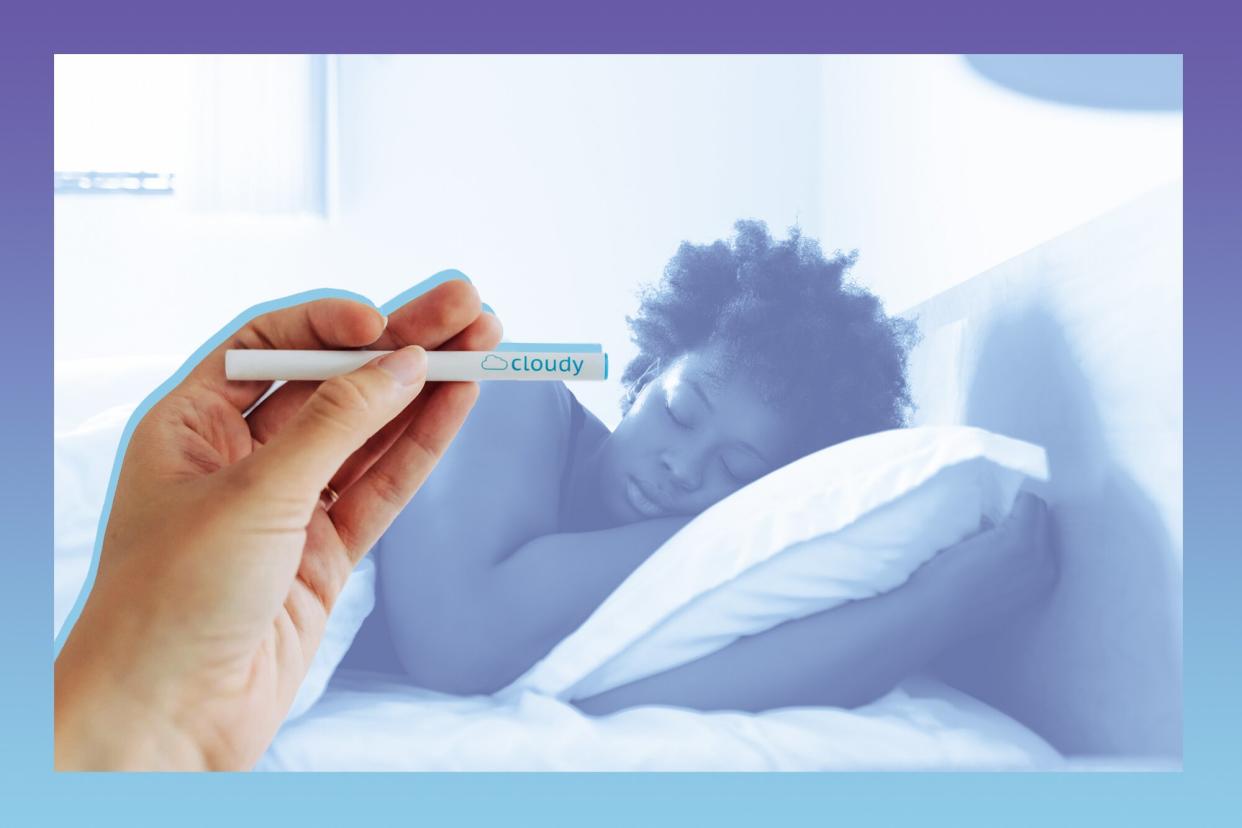,Should You Really Be Using a Melatonin Diffuser Before Bed? - A photo of a young woman sleeping in her bed in the morning at home, stitched behind a photo of a hand holding a cloudy melatonin diffuser