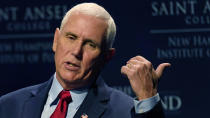 Former Vice President Mike Pence gestures during the "Politics and Eggs" breakfast gathering, Wednesday, Aug. 17, 2022, in Manchester, N.H. (AP Photo/Charles Krupa)