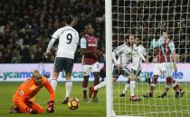 <p>Manchester United’s Juan Mata, centre, reacts after scoring the opening goal of the game during their English Premier League soccer match between West Ham United and Manchester United at the London stadium, in London Monday, Jan. 2, 2017. (AP Photo/Alastair Grant) </p>