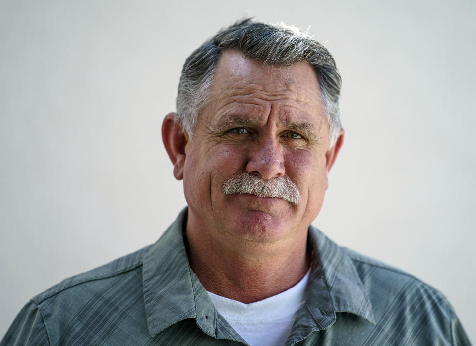 Orrin Heatlie, the main organizer for the Recall of California Gov. Newsom campaign, pauses for a picture at the KABC radio station studio in Culver City, Calif., Saturday, March 27, 2021. (AP Photo/Damian Dovarganes)