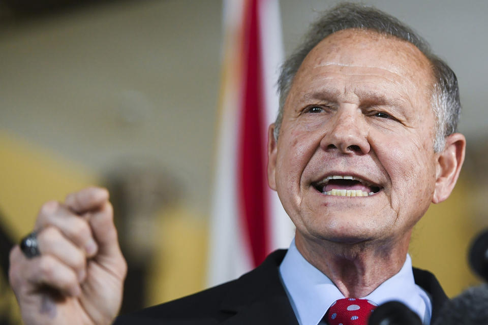 FILE - Former Alabama Chief Justice Roy Moore announces, in Montgomery, Ala., his run for the Republican nomination for U.S. Senate, June 20, 2019. Moore's attorney, Larry Klayman, tried to convince three federal appeals court judges to revive a $95 million lawsuit the former Alabama candidate for U.S. Senate brought against comedian Sacha Baron Cohen, in New York, Friday, June 10, 2022. (AP Photo/Julie Bennett, File)