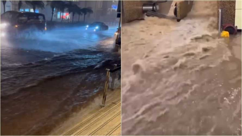 香港黑色暴雨多處地方淹水成小河。（圖／讀者提供）