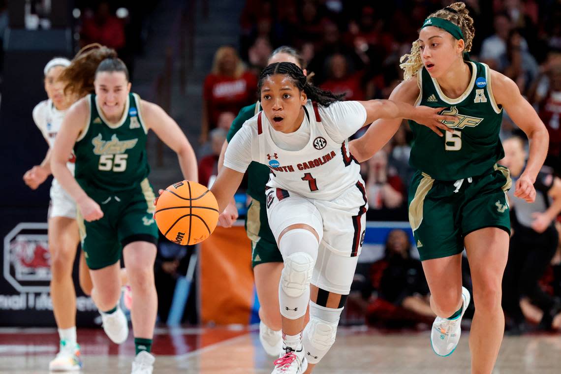 South Carolina’s Zia Cooke (1) drives the ball Sunday against South Florida in the NCAA Tournament at Colonial Life Arena on Sunday, March 19, 2023.