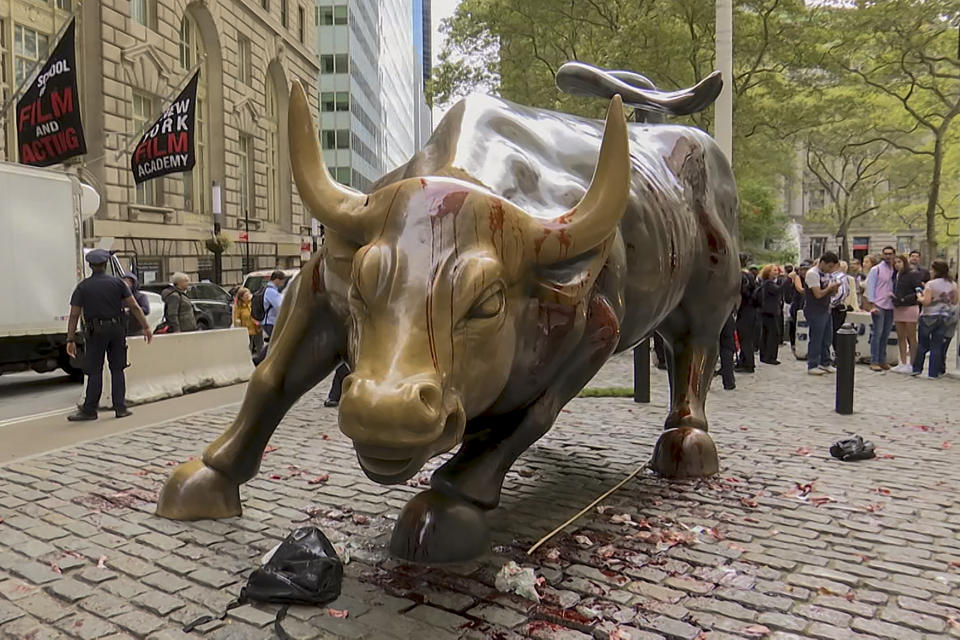 In this freeze frame made from a video stage blood covers the iconic "Charging Bull" statue near Wall Street on Monday Oct. 7, 2019, in New York. Demonstrators say they were protesting against a lack of government action against climate change. (AP Photo/Ted Shaffrey)