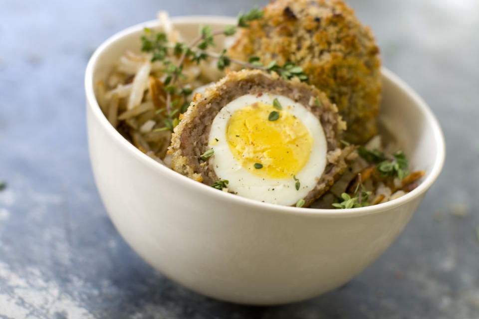 This March 17, 2014 photo shows baked Scotch eggs in Concord, N.H. (AP Photo/Matthew Mead)