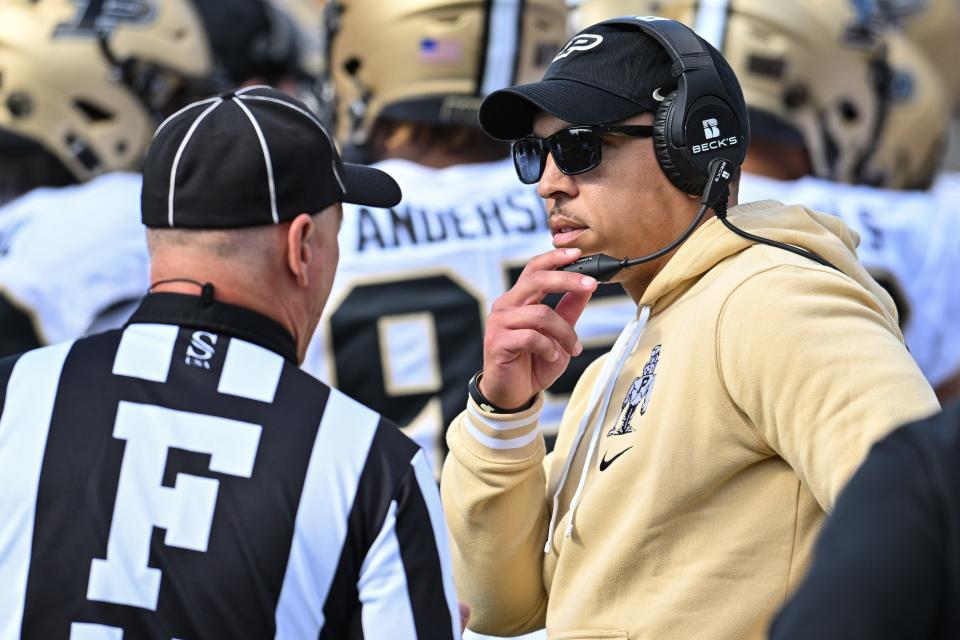 Oct 7, 2023; Iowa City, Iowa, USA; Purdue Boilermakers head coach Ryan Walters talks with an official after a missed field goal against the Iowa Hawkeyes during the first quarter at Kinnick Stadium. Mandatory Credit: Jeffrey Becker-USA TODAY Sports