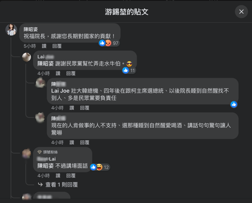 民眾黨立委陳昭姿於前立法院長游錫堃臉書下留言，卻遭不少網友留言諷刺。   圖：翻攝臉書