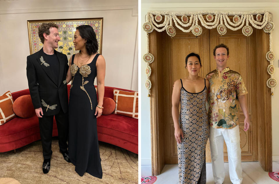 Mark Zuckerberg and his wife, Priscilla, show off their outfits for the $120 million weekend-long pre-wedding party of billionaire heir Anant Ambani and Radhika Merchant in March.