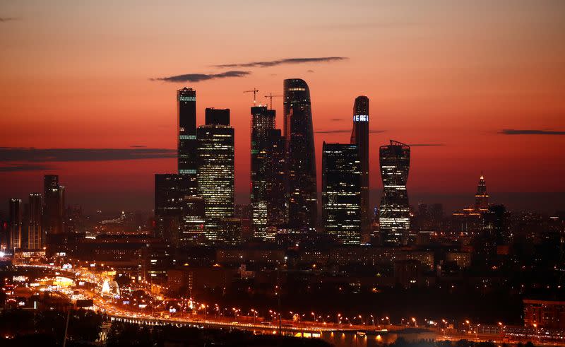 The skyscrapers of the Moscow International Business Centre, also known as "Moskva-City", are seen just after sunset in Moscow