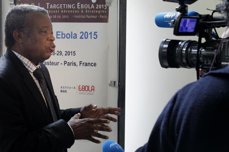 Director of the National Institute of Biomedical Research (INRB), Jean-Jacques Muyembe, from Democratic Republic of Congo speaks to the press on May 28, 2015 in Paris