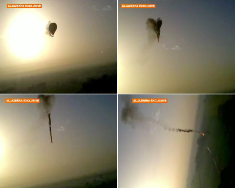 In this combo made from images from amateur video provided by Al-Jazeera, smoke pours from a hot air balloon over Luxor, Egypt, top left, before bursting, top right, and plummeting about 1,000 feet to earth, bottom left and right, on Tuesday, Feb. 26, 2013. Nineteen people were killed in what appeared to be the deadliest hot air ballooning accident on record. A British tourist and the Egyptian pilot, who was badly burned, were the sole survivors. (AP Photo/Al-Jazeera) MANDATORY CREDIT: AL-JAZEERA