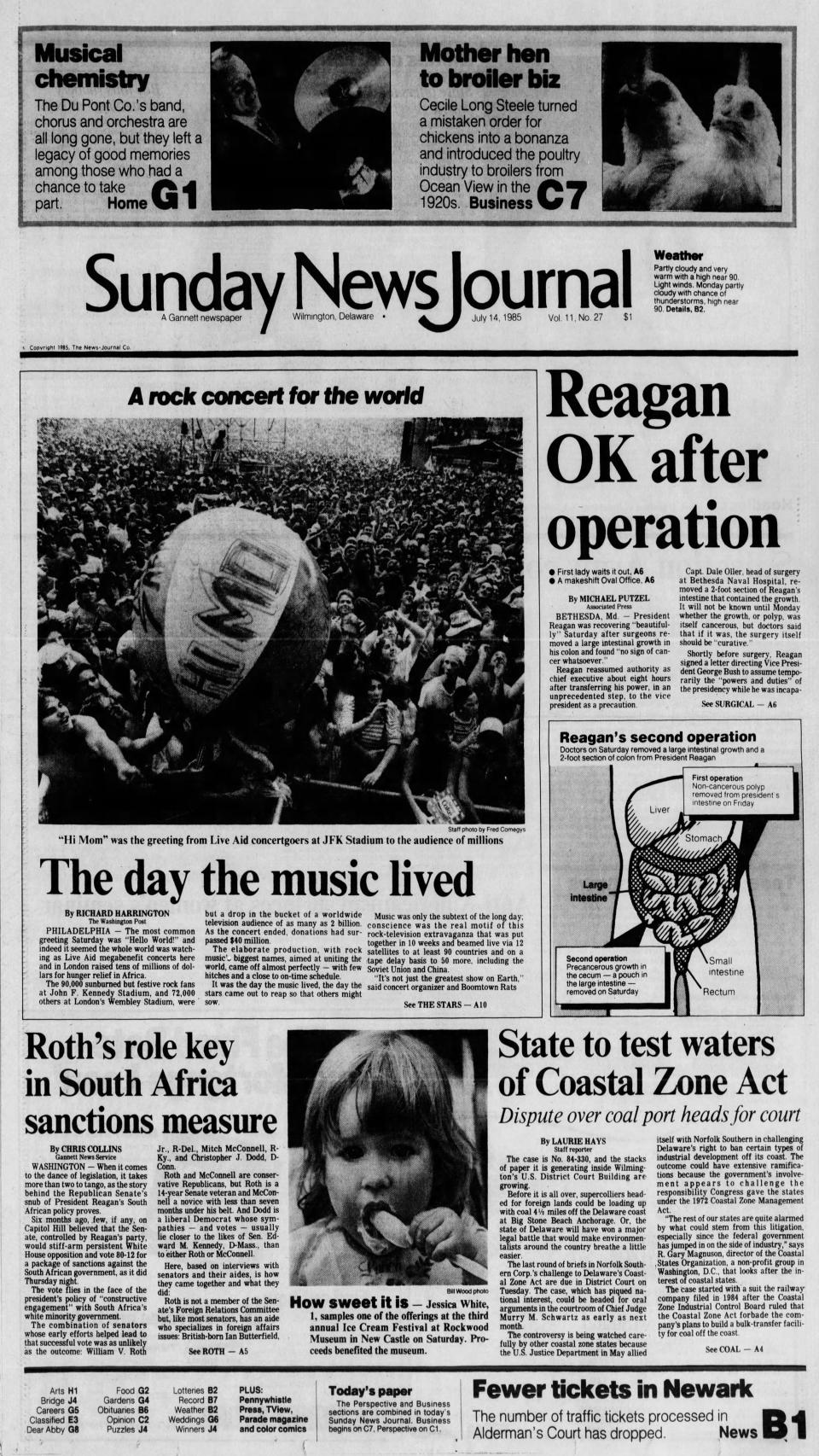 Front page of the Sunday News Journal from July 14, 1985.