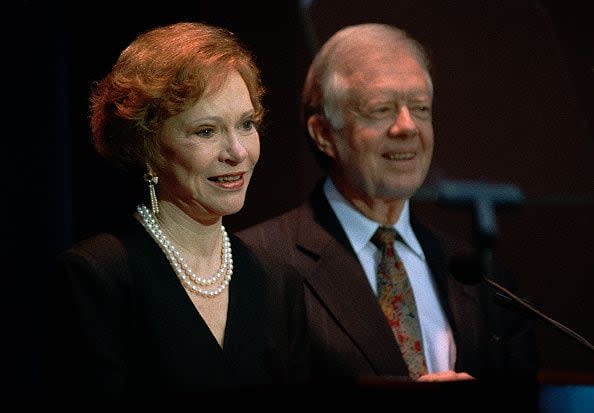 Atlanta - Circa October 1994; Former First Lady Rosalynn Carter and Jimmy Carter attend Former President Jimmy Carter surprise 70th. birthday party at The Carter Presidential Center in Atlanta Georgia October, 1994 (Photo By Rick Diamond/Getty Images)