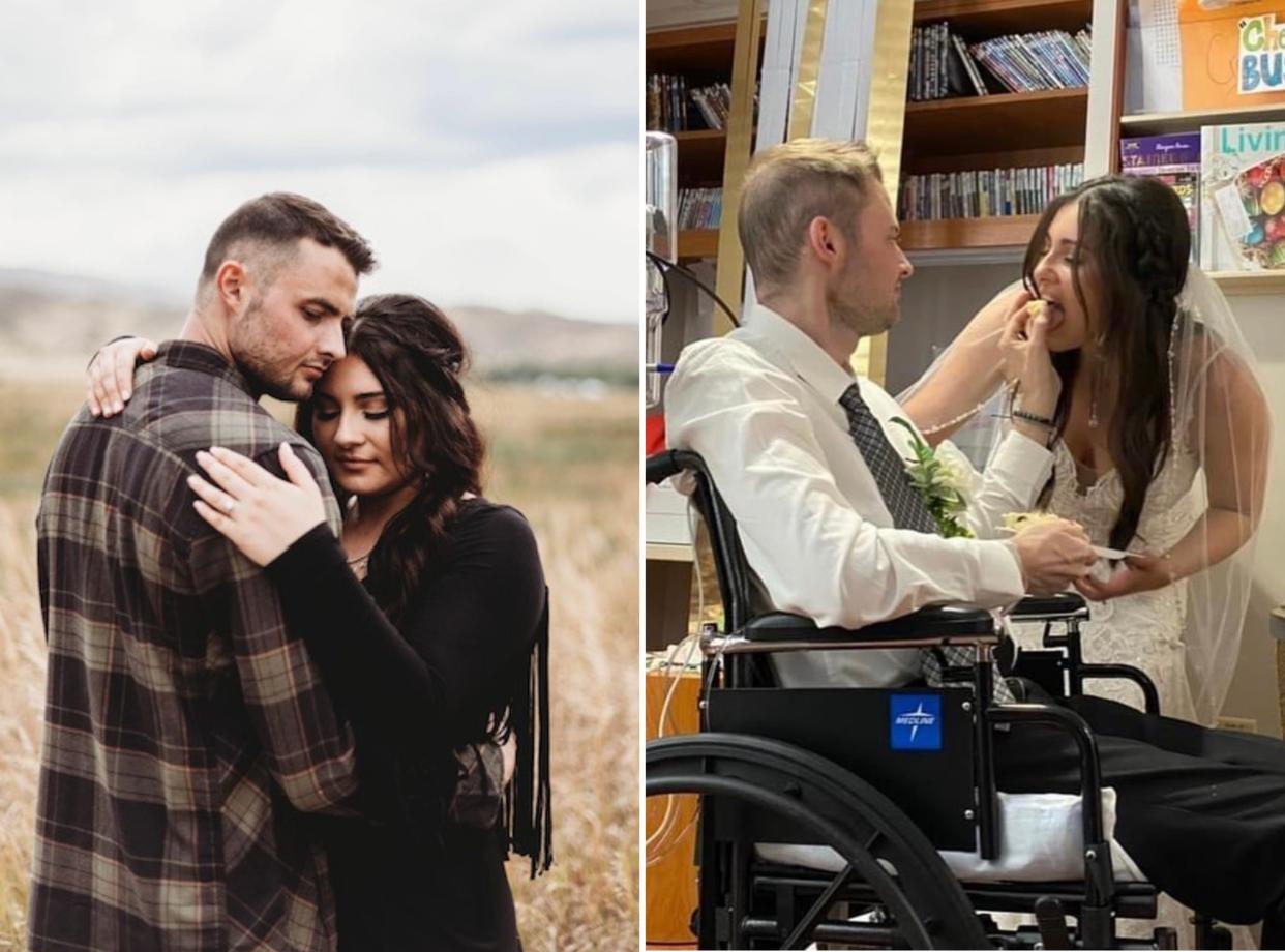 Zach and Madison Stroup during their engagement photoshoot (left) and on their wedding day (right.)