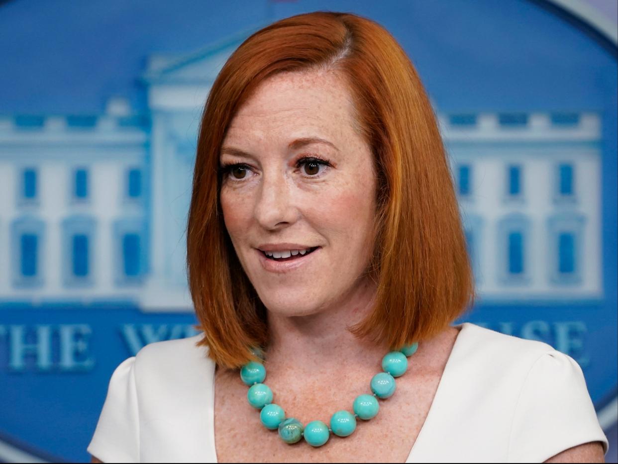 White House press secretary Jen Psaki speaks during the daily briefing at the White House in Washington, 26 Monday 2021 (AP)