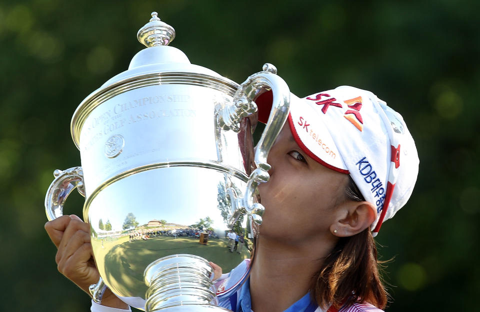 KOHLER, WI - JULY 08: Na Yeon Choi of South Korea kisses the championship trophy after her four-stroke victory at the 2012 U.S. Women's Open on July 8, 2012 at Blackwolf Run in Kohler, Wisconsin. (Photo by Scott Halleran/Getty Images)