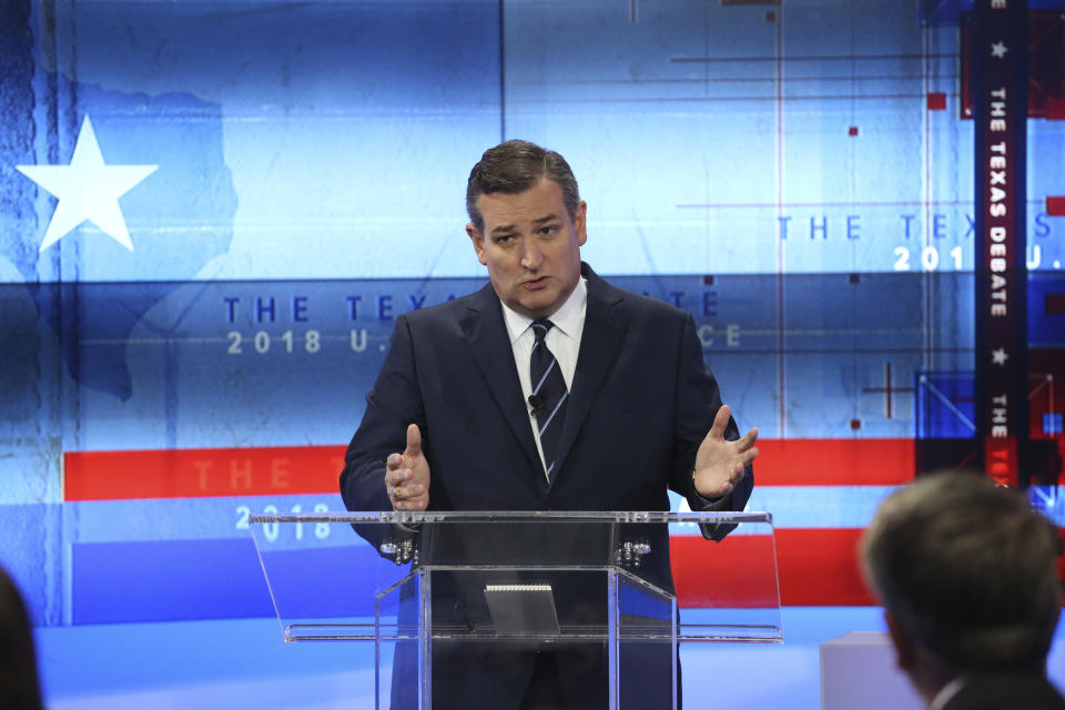 U.S. Sen. Ted Cruz, R-Texas, takes part in a debate for the Texas U.S. Senate with U.S. Rep. Beto O'Rourke, D-Texas, Tuesday, Oct. 16, 2018, in San Antonio. (Tom Reel/San Antonio Express-News via AP, Pool)