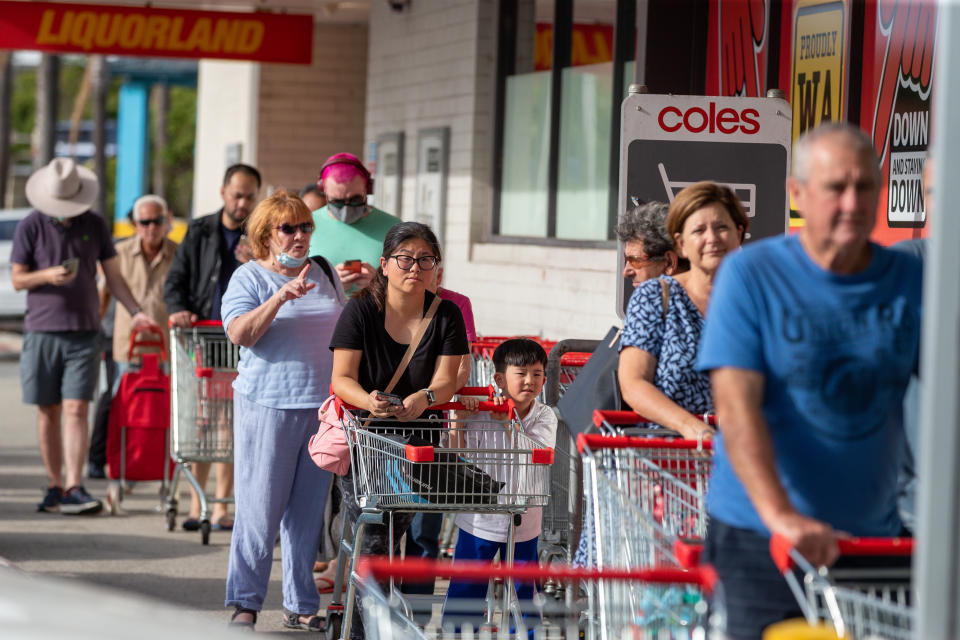 Shoppers line up at Coles Maylands in Perth on March 23, 2021 before the city went into Covid lockdown.