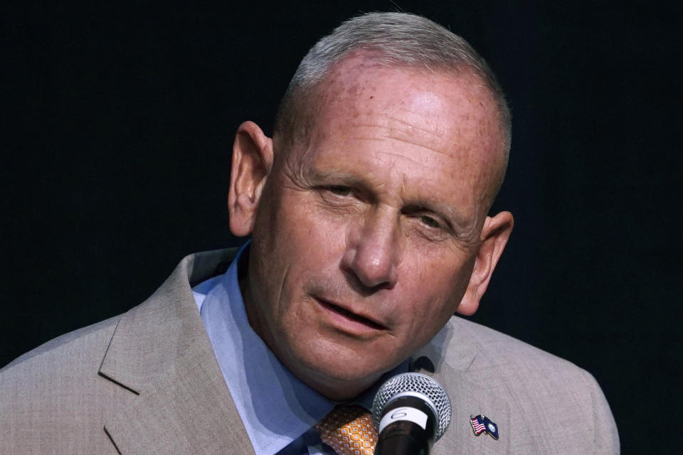 New Hampshire Republican U.S. Senate candidate Don Bolduc speaks during a debate, Wednesday, Sept. 7, 2022, in Henniker, N.H. Bolduc is challenging Sen. Maggie Hassan, D-N.H., in the general election. (AP Photo/Mary Schwalm, File)