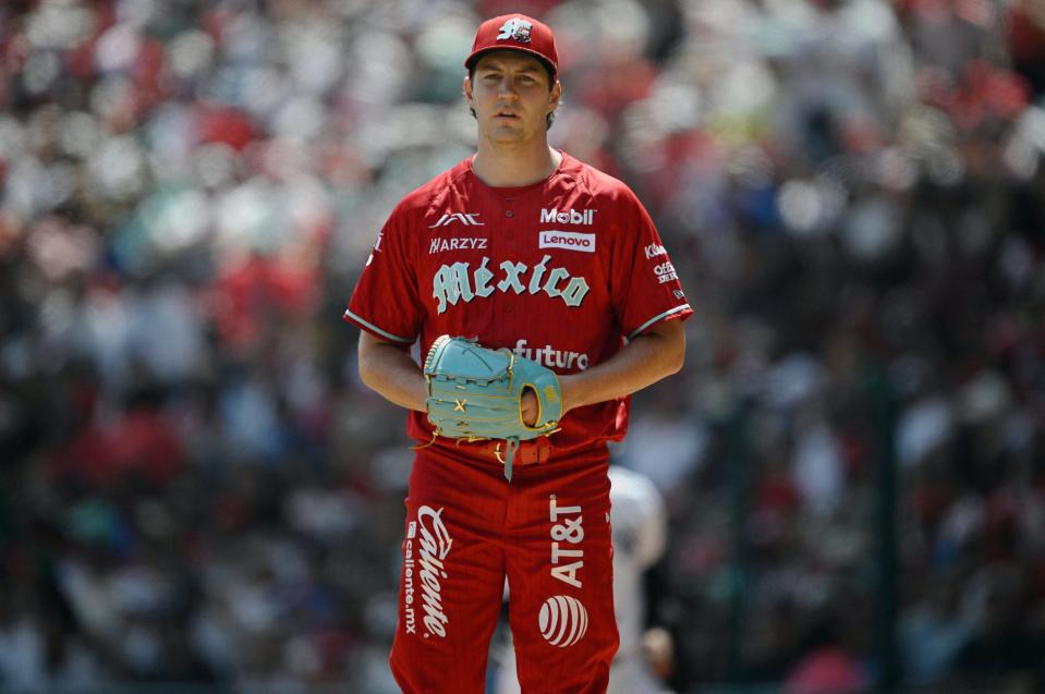 Trevor Bauer gestures during the Diablos Rojos' exhibition game against New York Yankees at the Alfredo Harp Helu stadium in Mexico City on March 24, 2024.